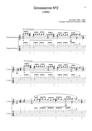 Erik Satie - Gnossienne Nº2. Arrangement for Classical Guitar. Score and tablature