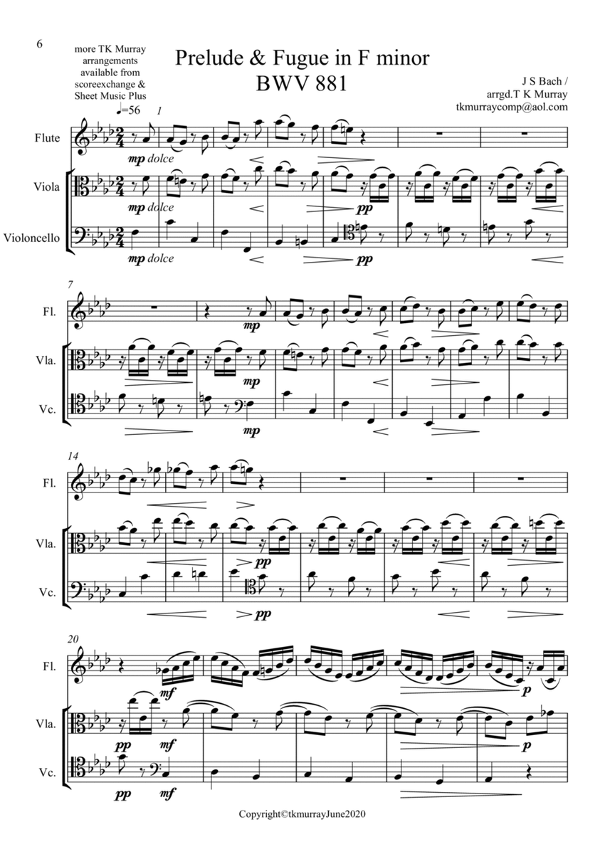 Bach - Prelude & Fugue in F Minor BWV881- Flute, Viola & Cello - Score and parts image number null