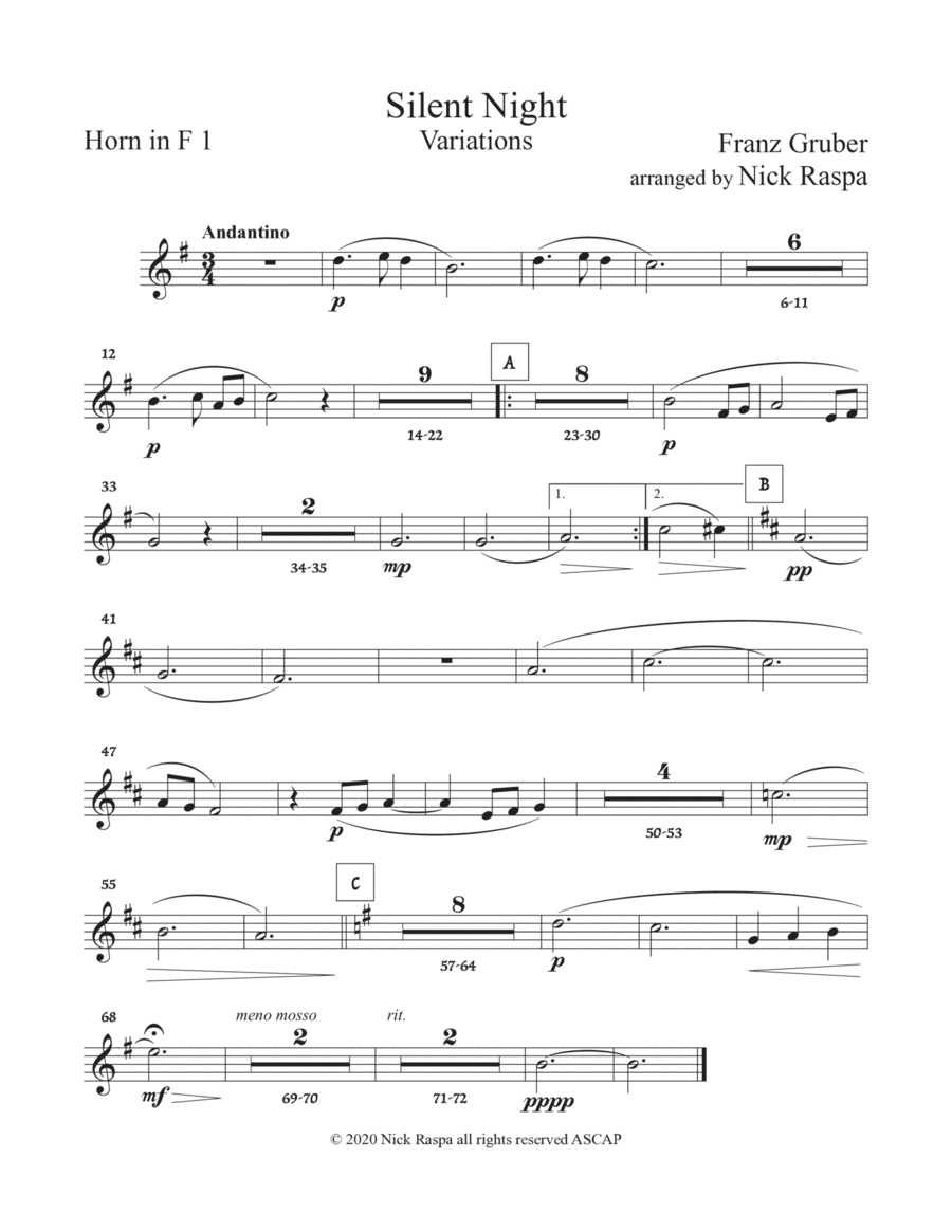 Silent Night - Variations (full orchestra) Horn in F 1 part