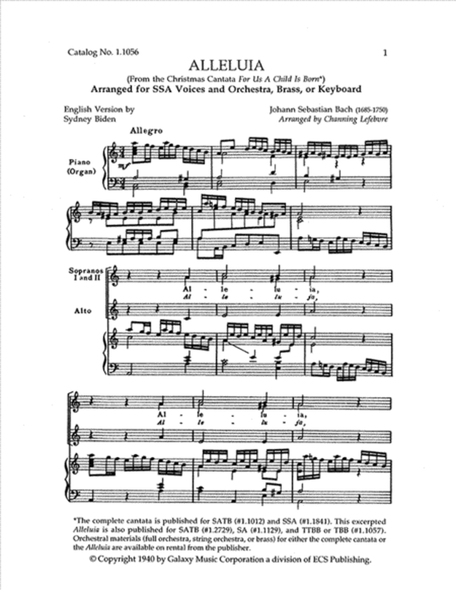 Alleluia from For Us a Child is Born (Uns ist ein Kind geboren) (Cantata No. 142) (Choral Score)