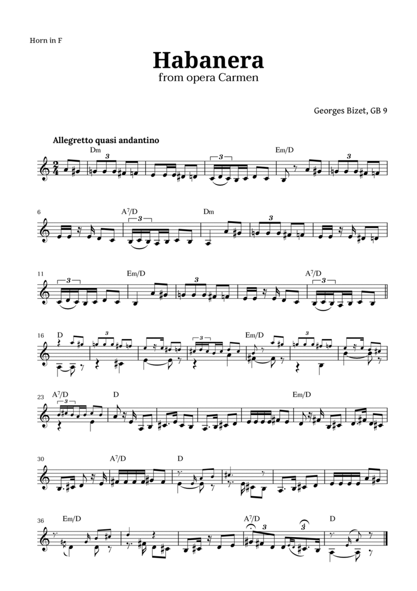 Habanera from Carmen by Bizet for French Horn with Chords image number null