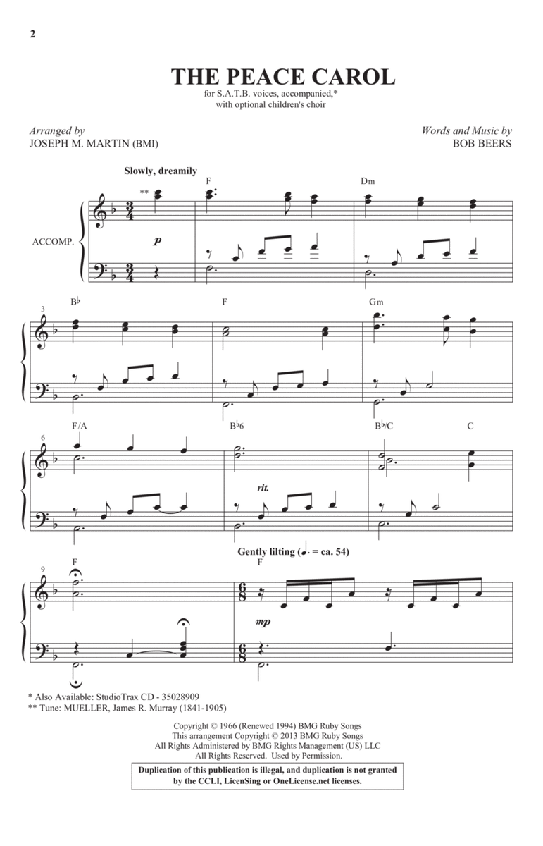 The Peace Carol by John Denver 4-Part - Digital Sheet Music