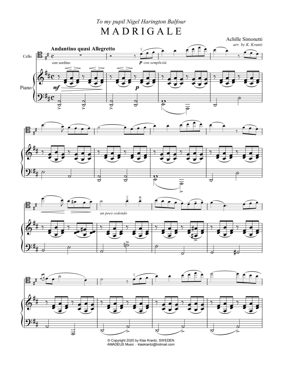 Madrigale for cello and piano, D Major (high position)