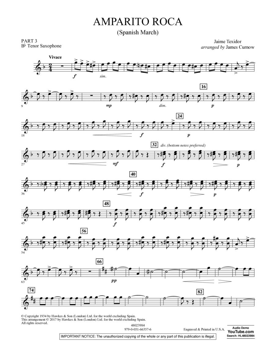 Amparito Roca (Spanish March) - Pt.3 - Bb Tenor Saxophone