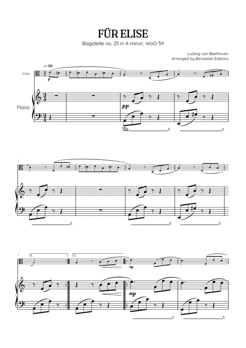 Beethoven • Für Elise / Pour Elise • viola & piano sheet music image number null