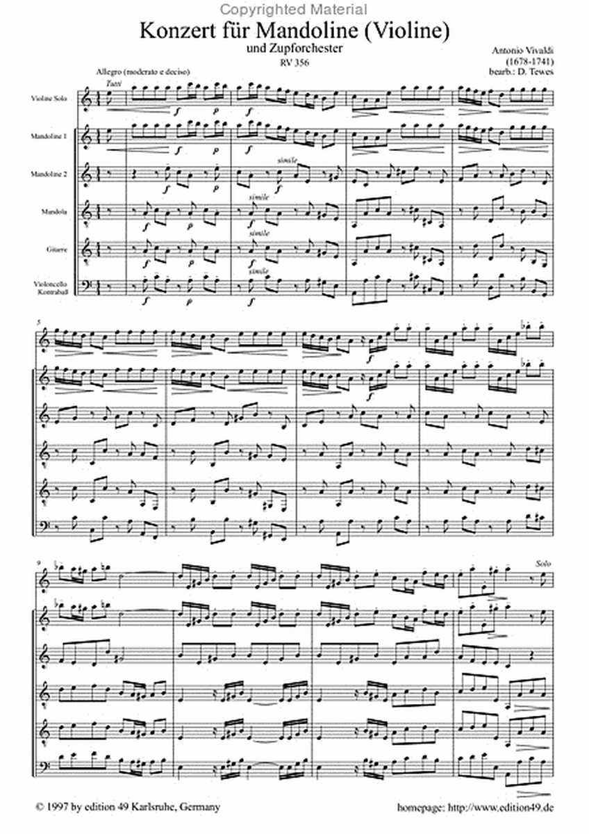 Concerto Nr. 6, RV 356 fur Violine solo (Mandoline solo) und Zupforchester