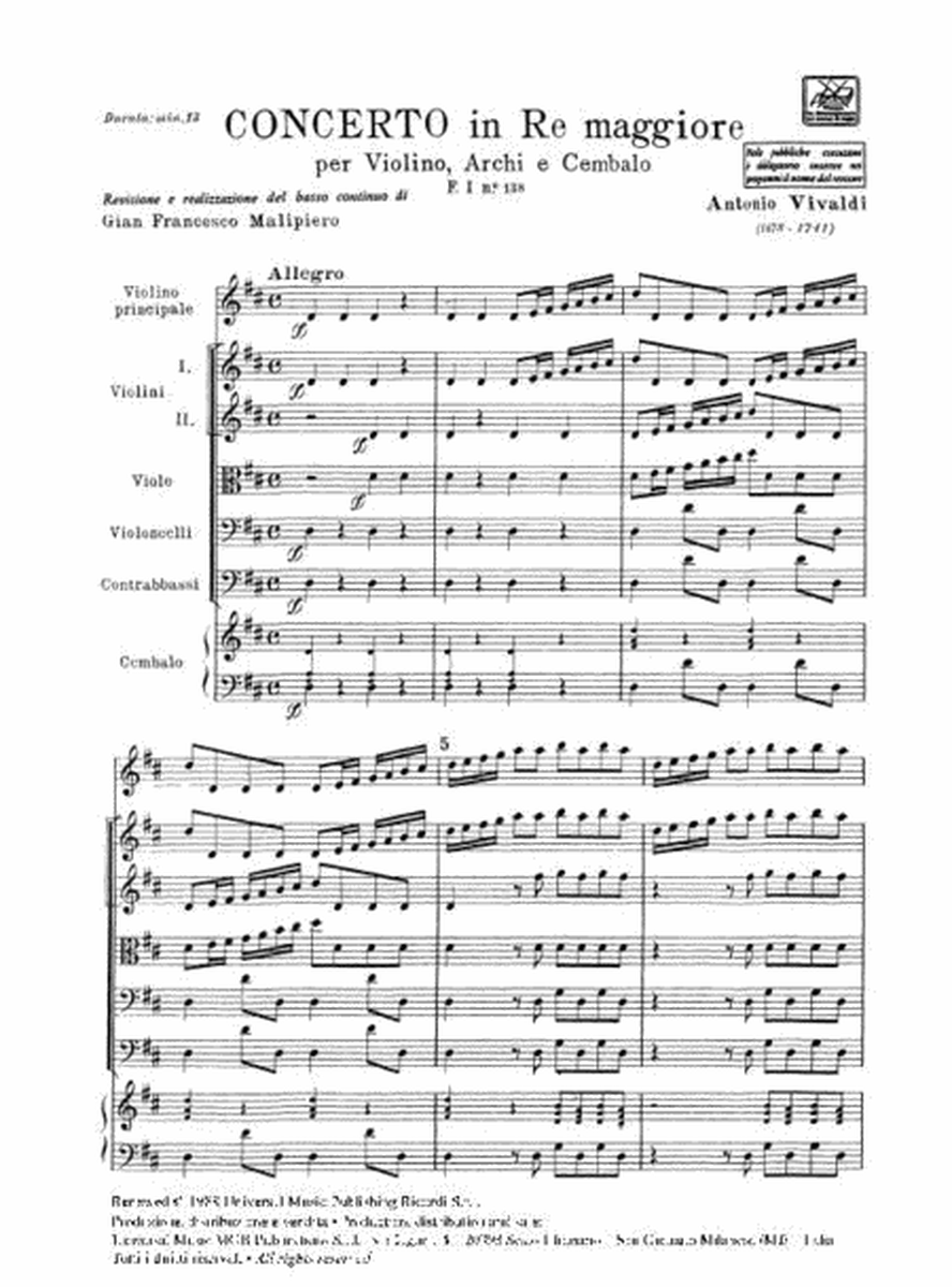 Concerto Per Violino, Archi e BC: In Re Rv 208