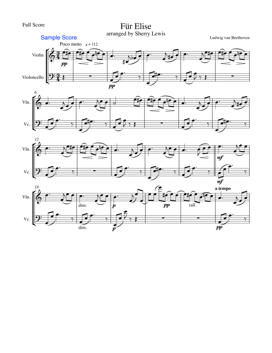 FÜR ELISE, FUR ELISE, String Duo, Intermediate Level for violin and cello image number null