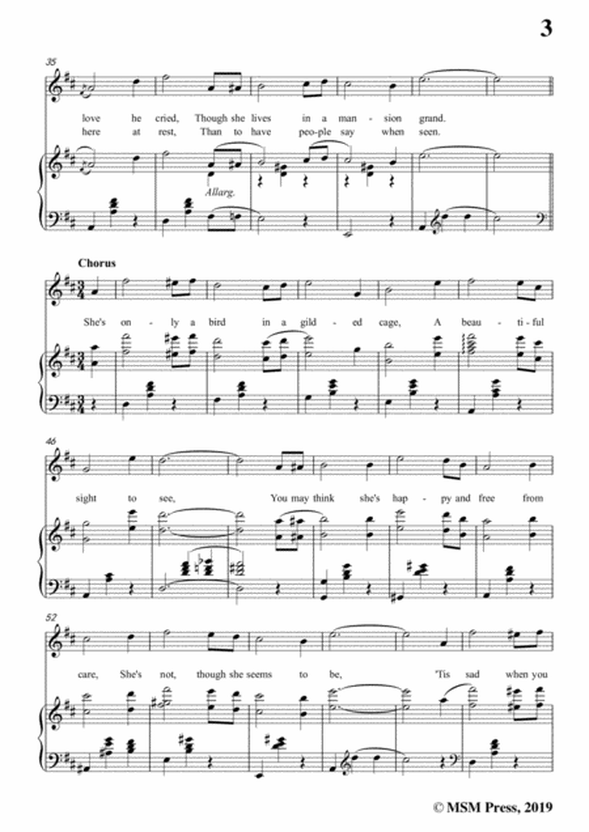 Harry Von Tilzer-Bird In A Gilded Cage,in D Major,for Voice&Piano by Harry Von Tilzer Voice - Digital Sheet Music