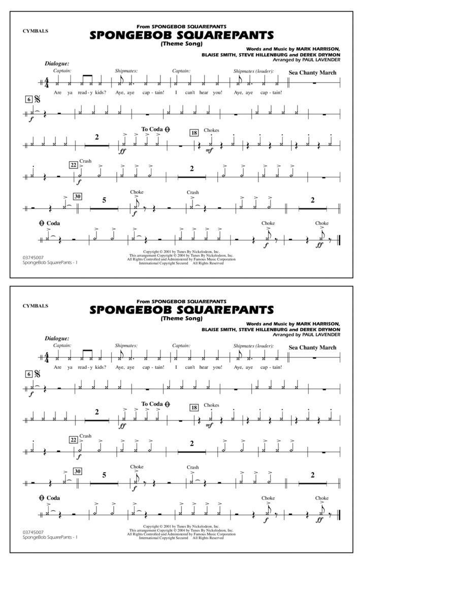 Spongebob Squarepants (Theme Song) (arr. Paul Lavender) - Cymbals