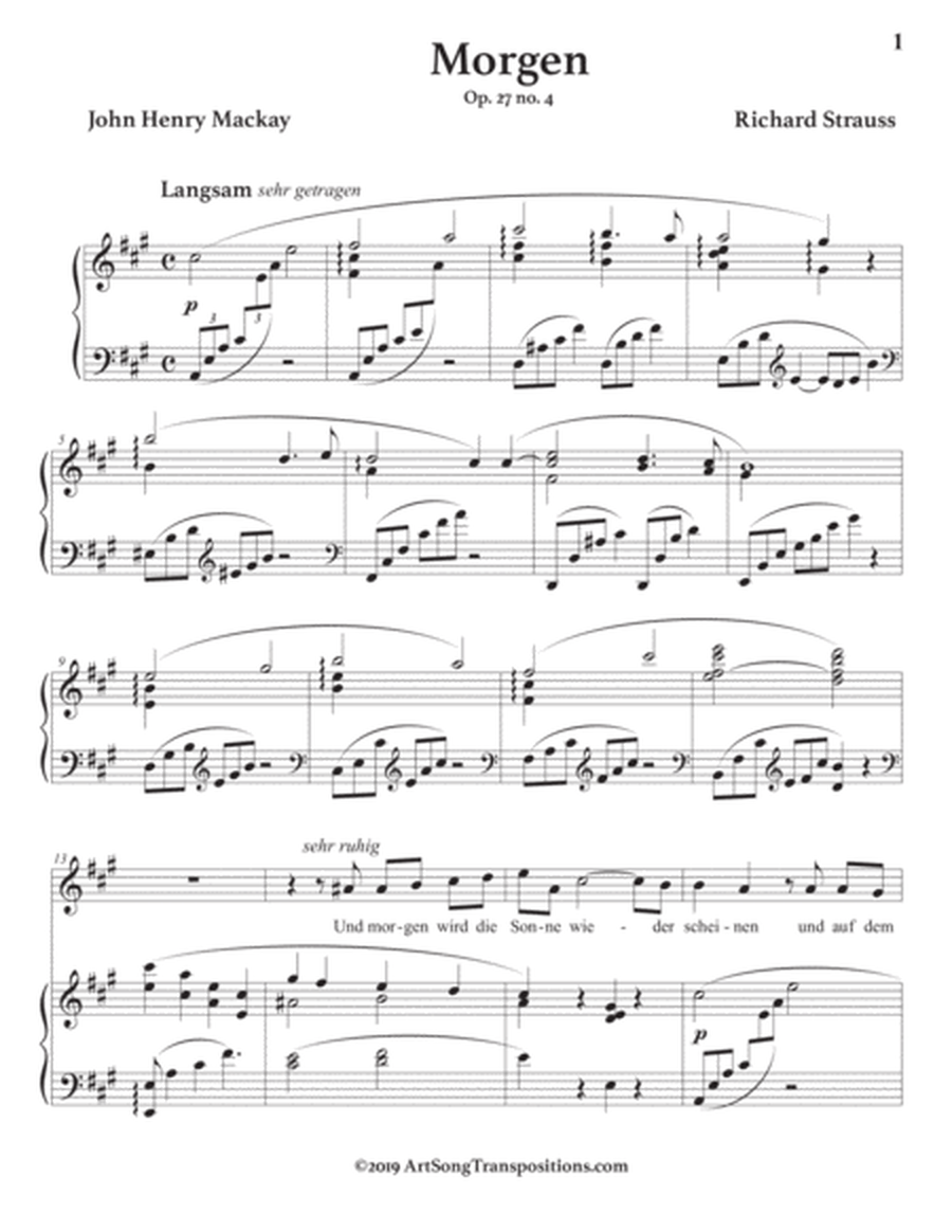 Morgen, Op. 27 no. 4 (in 10 keys: A, A-flat, G, G-flat, F, E, E-flat, D, D-flat, C major)