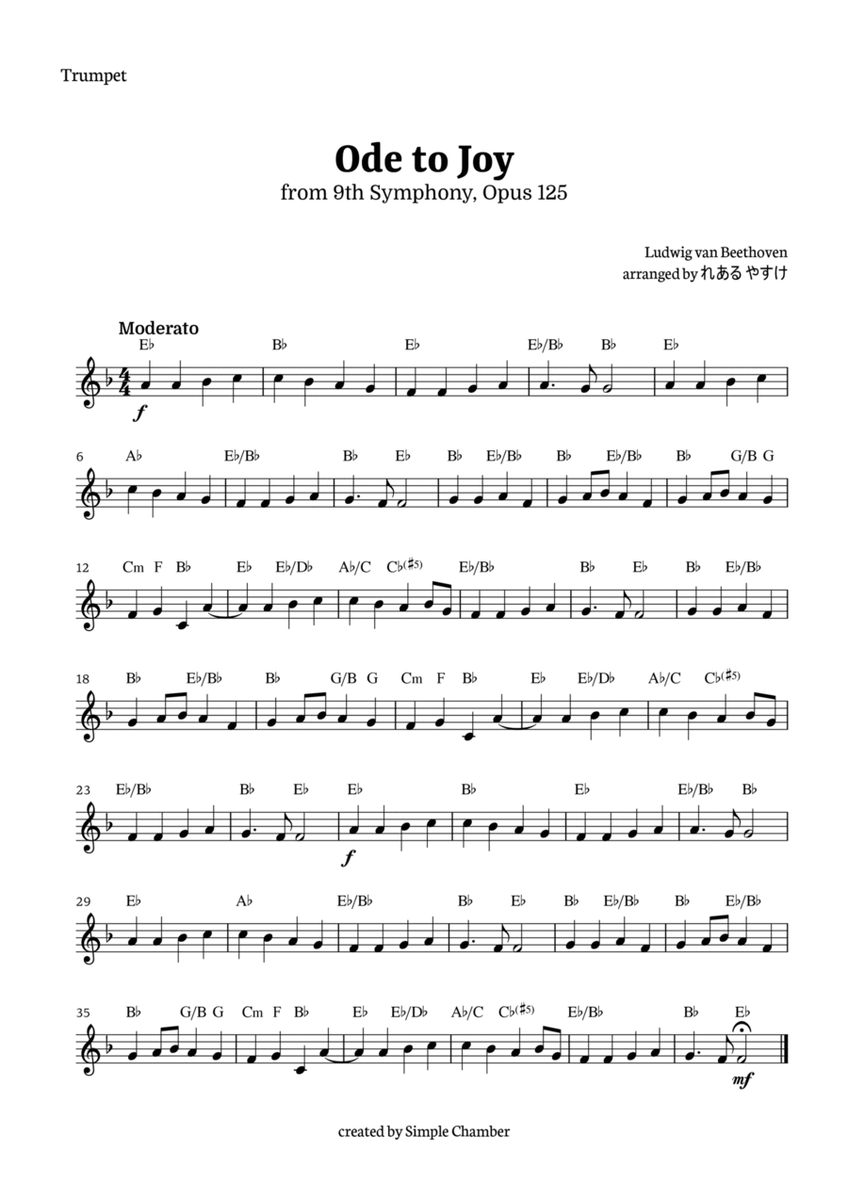 Ode to Joy for Trumpet Solo by Beethoven Opus 125 image number null