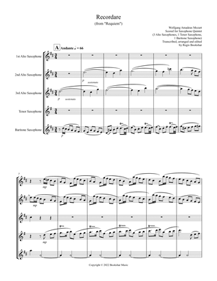 Recordare (from "Requiem") (F) (Saxophone Quintet - 3 Alto, 1 Ten, 1 Bari)