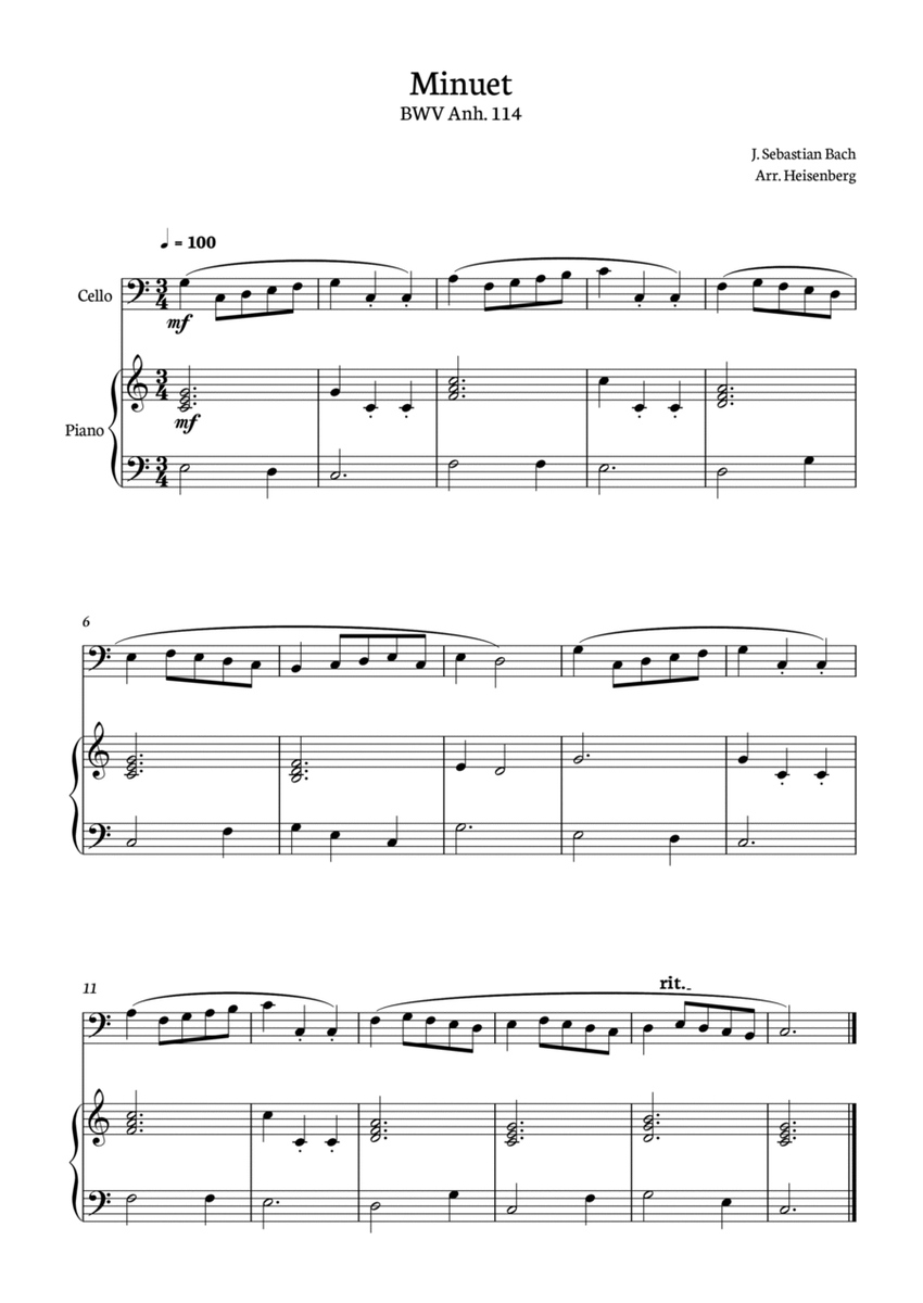Minuet - Bach for Cello with piano Piano - Digital Sheet Music