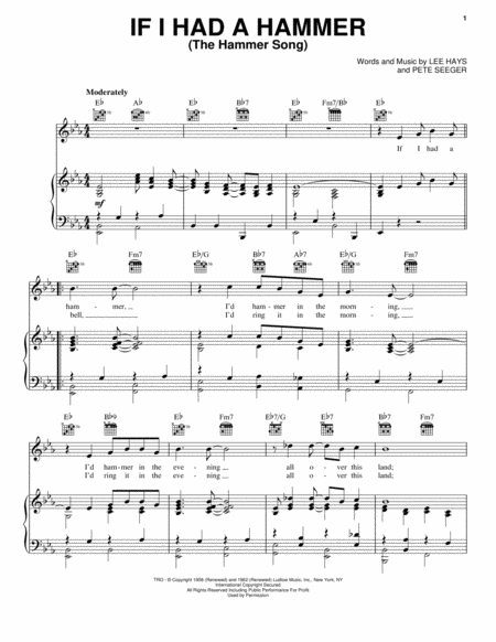 If I Had A Hammer (The Hammer Song) by Peter Paul and Mary - Piano, Vocal,  Guitar - Digital Sheet Music | Sheet Music Plus