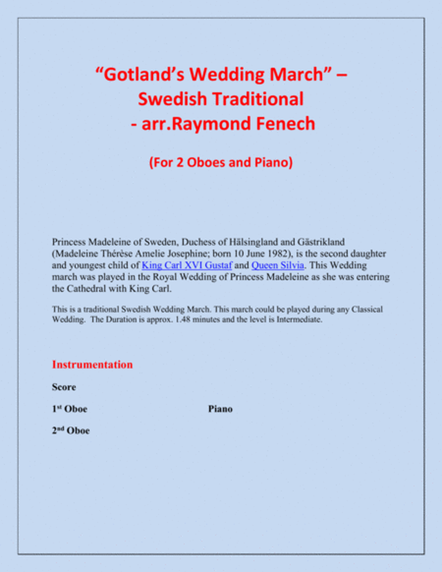 Gotland's Wedding March - Traditional - 2 Oboes and Piano image number null