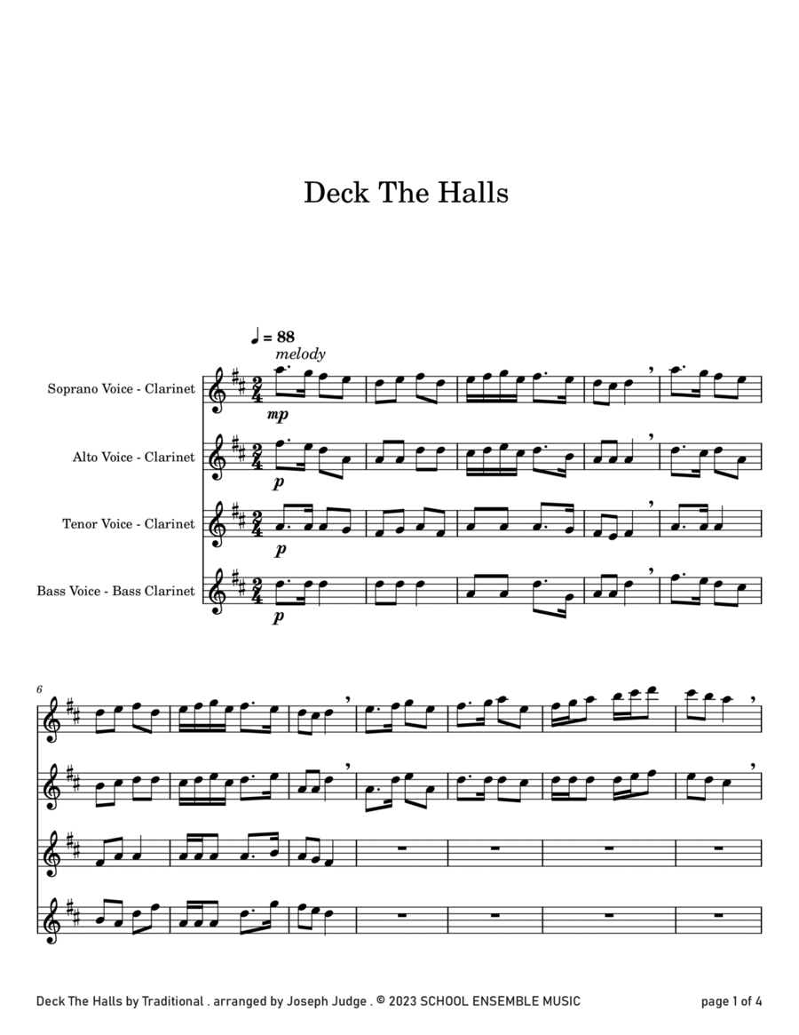 Deck The Halls for Clarinet Quartet in Schools image number null