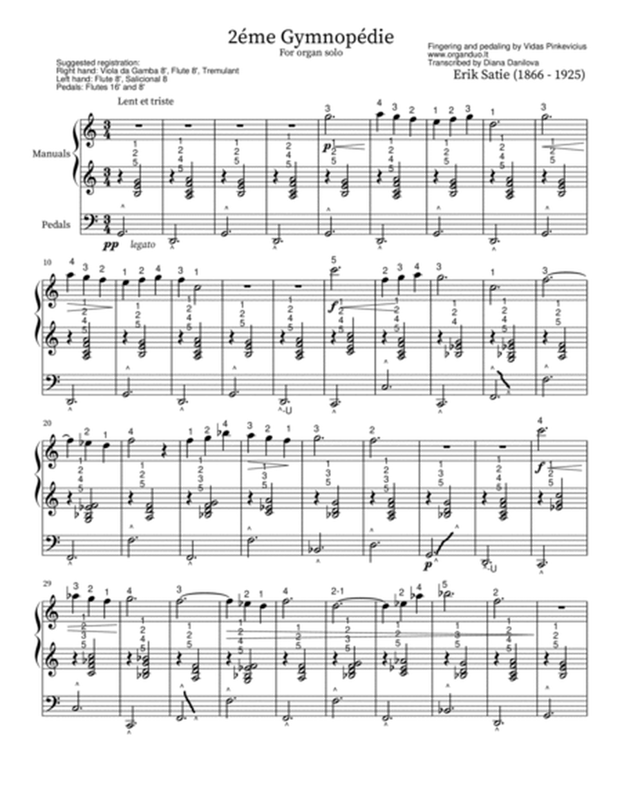 3 Gymnopèdies (arr. for Organ Solo) by Erik Satie with fingering and pedaling