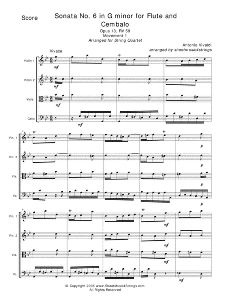 Vivaldi, A. - Sonata No. 6, Mvt. 1 for String Quartet image number null