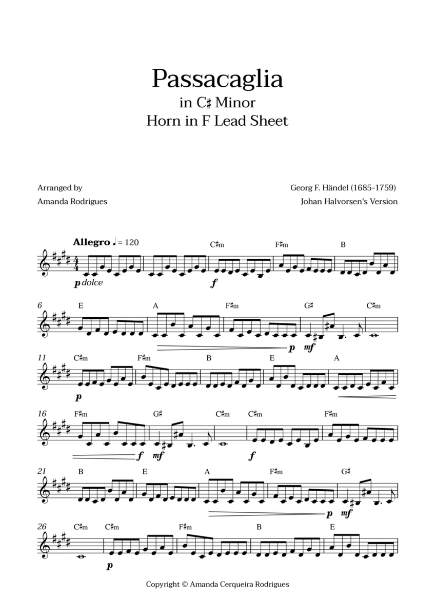 Passacaglia - Easy Horn in F Lead Sheet in C#m Minor (Johan Halvorsen's Version) image number null