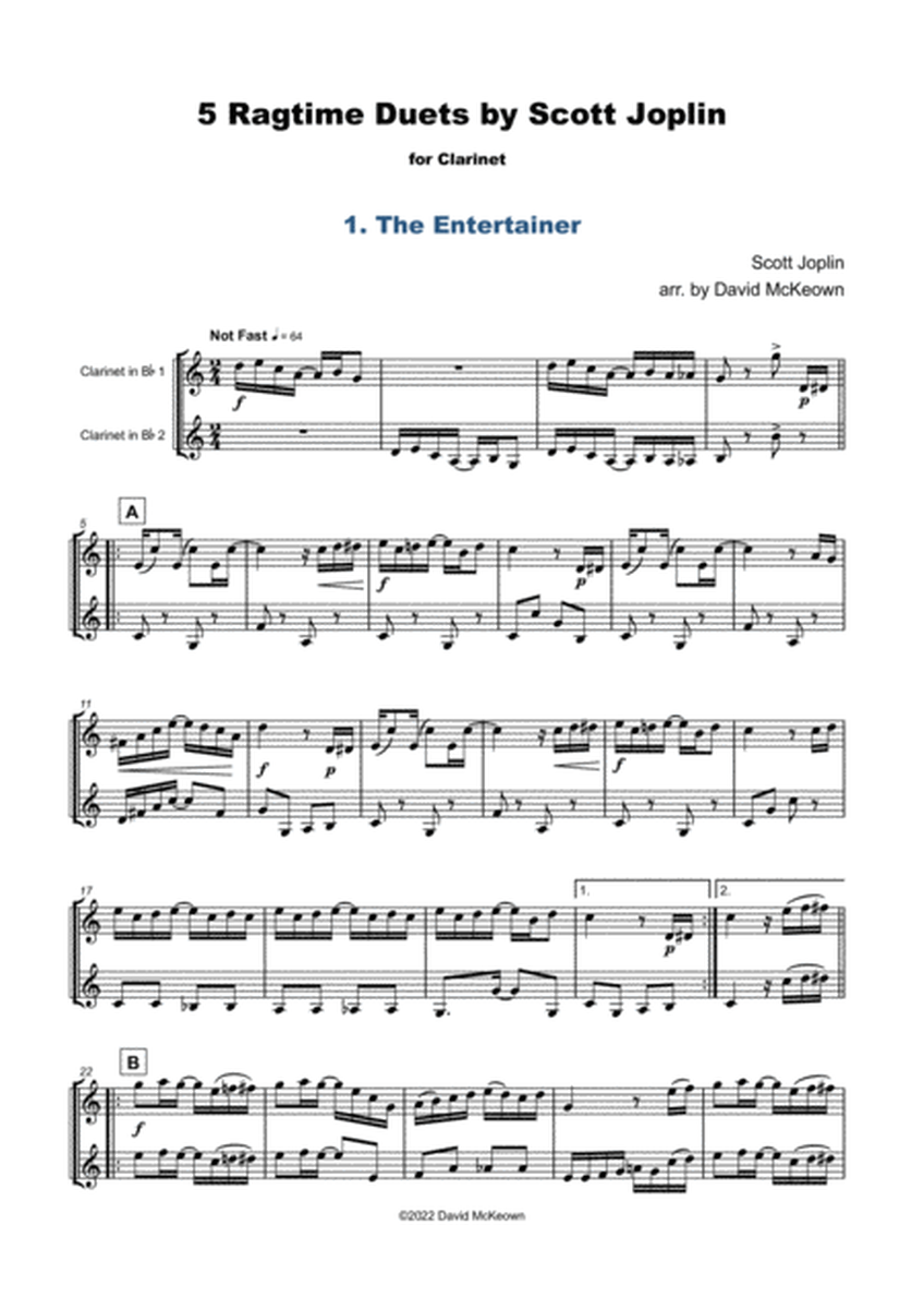 Five Ragtime Duets by Scott Joplin for Clarinet