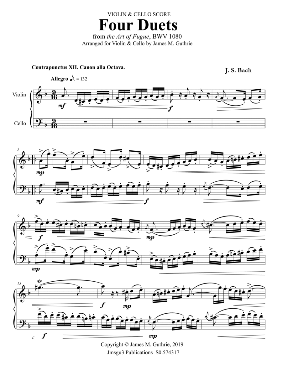 Bach: Four Duets from the Art of Fugue for Violin & Cello image number null