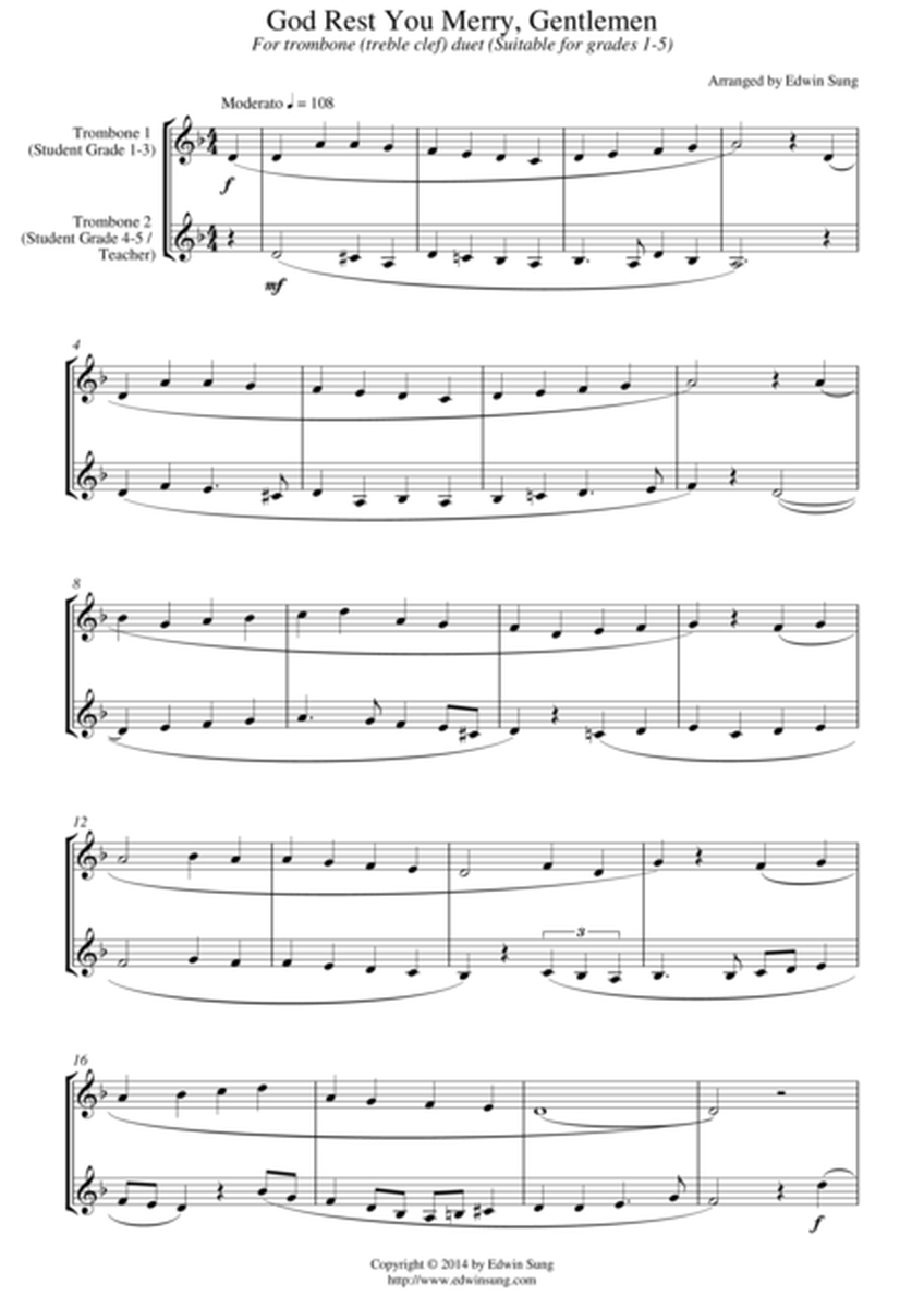 God Rest You Merry, Gentlemen (for trombone duet (treble clef), suitable for grades 1-5) image number null