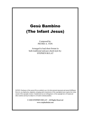 Gesù Bambino (The Infant Jesus) - Lead sheet arranged in traditional and jazz style (key of Gb)