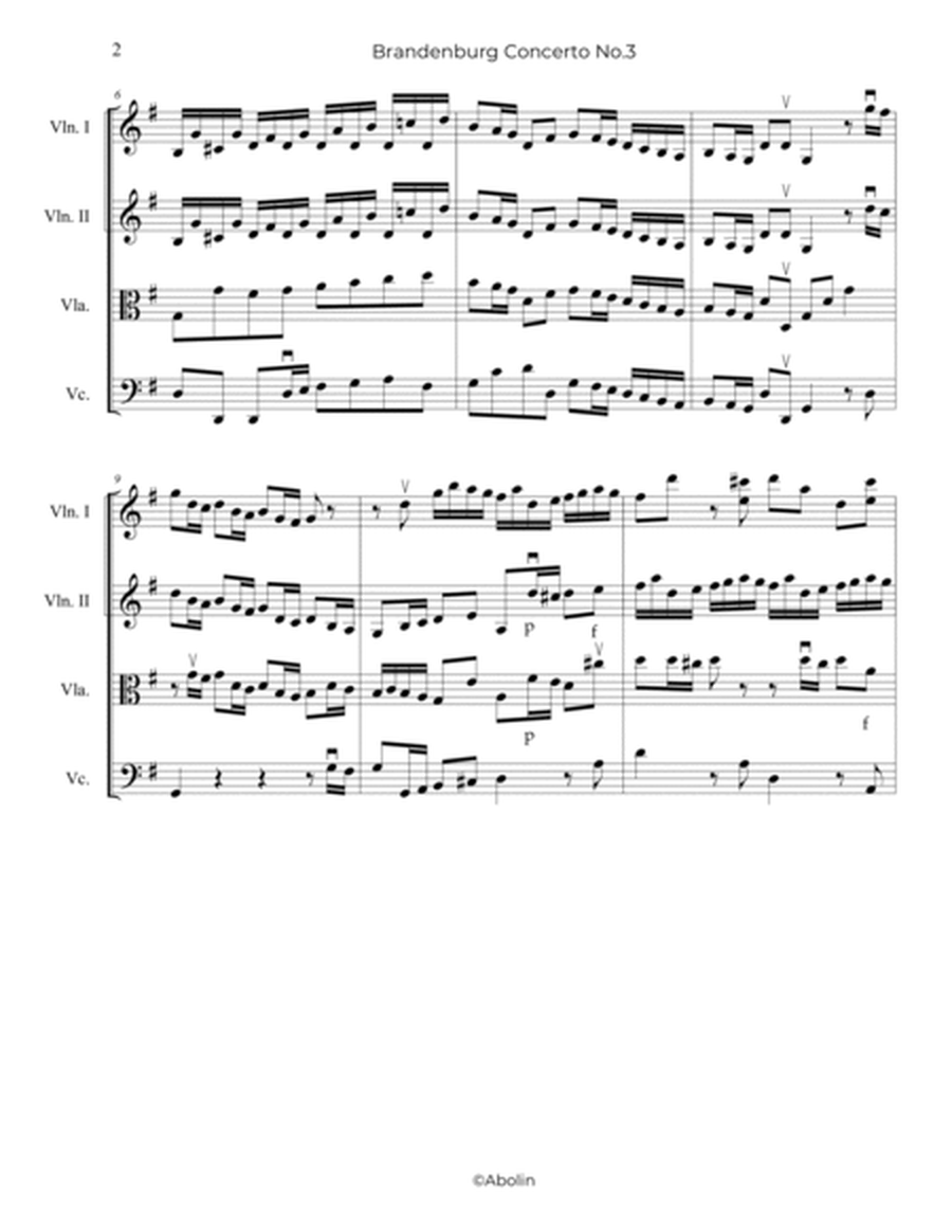 Bach: Brandenburg Concerto No.3 - Abridged, arr. for String Quartet by Johann Sebastian Bach String Quartet - Digital Sheet Music