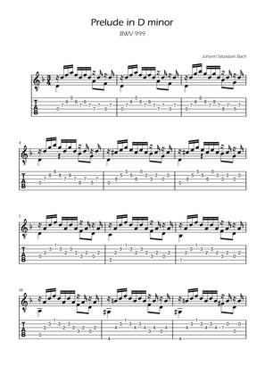 Book cover for Prelude in D minor TAB - BWV 999