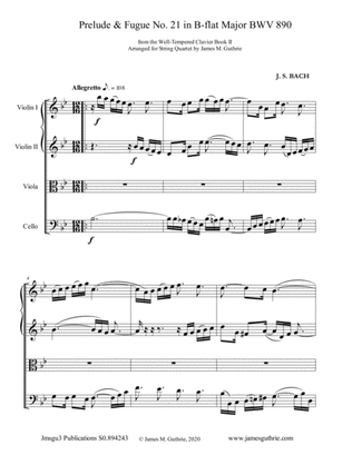 Book cover for BACH: Prelude & Fugue No. 21 in B-flat Major, BWV 890 for String Quartet