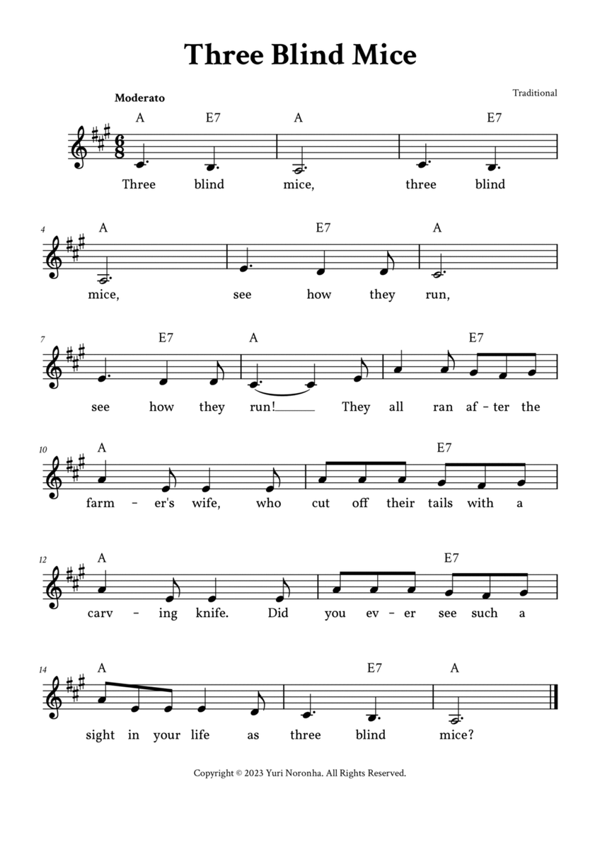 Three Blind Mice - Lead Sheet (A Major - Traditional) image number null