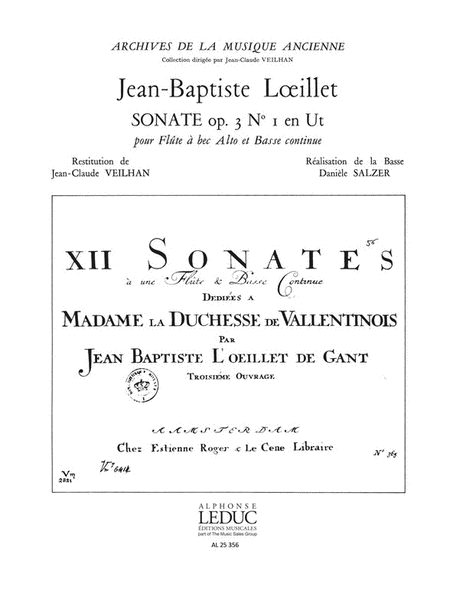 Loeillet Sonata In C Op 3 No 1 Treble Recorder & Basso Continuo Book