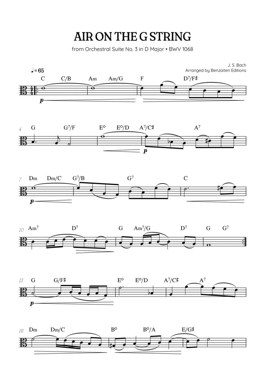 JS Bach • Air on the G String from Suite No. 3 BWV 1068 | viola sheet music w/ chords image number null