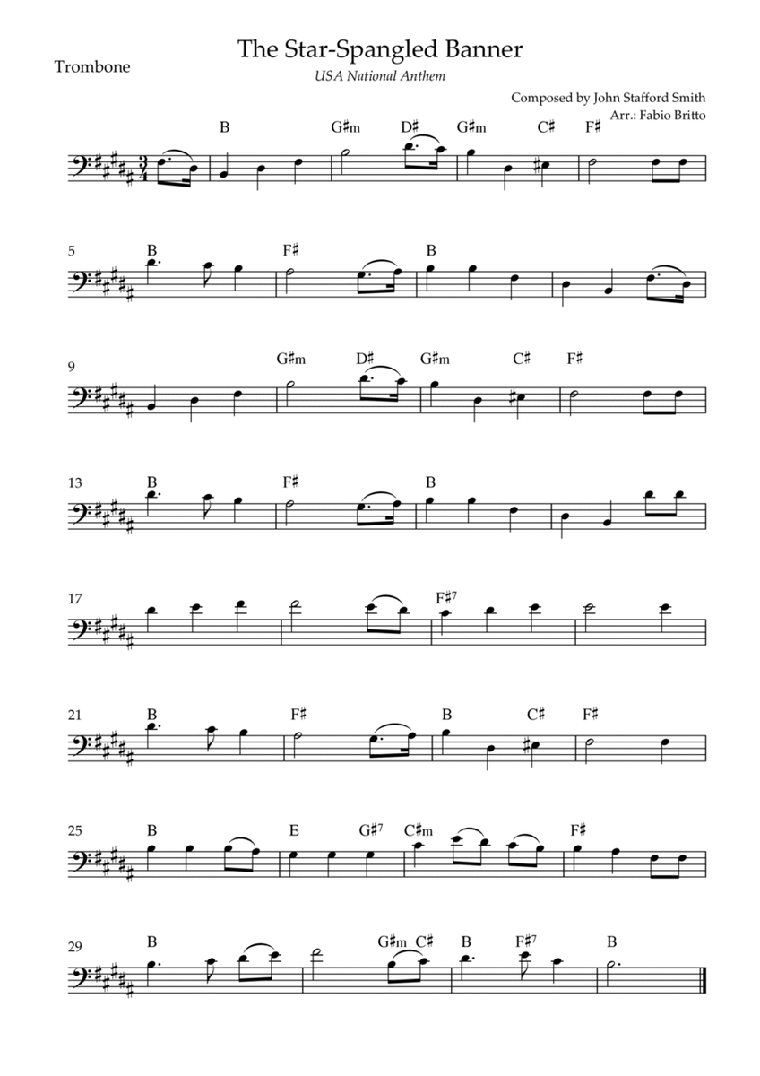 The Star Spangled Banner (USA National Anthem) for Trombone Solo with Chords (B Major)