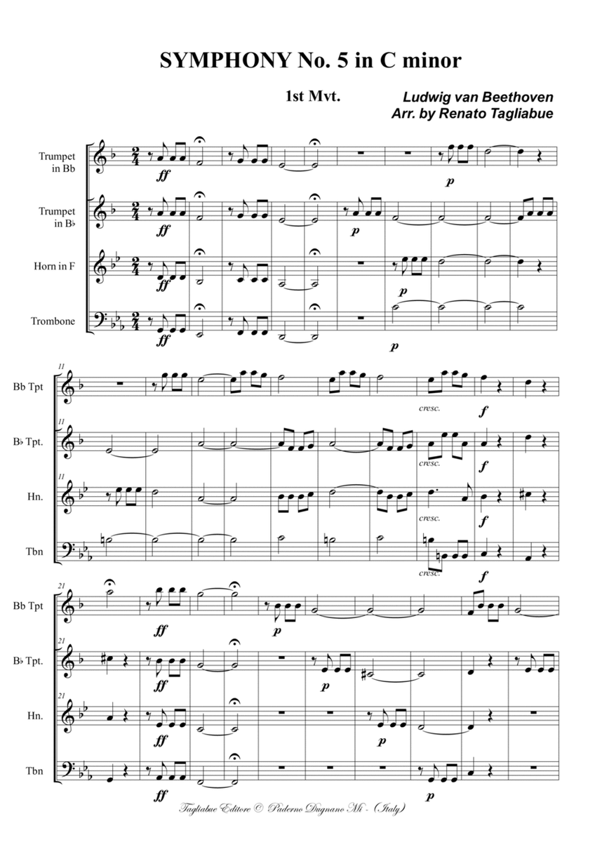 SYMPHONY No. 5 - 1st Mvt. - Arr. for Brass quartet - With Parts image number null