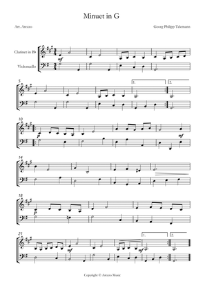 telemann twv 32:13 minuet in g Clarinet and Cello sheet music