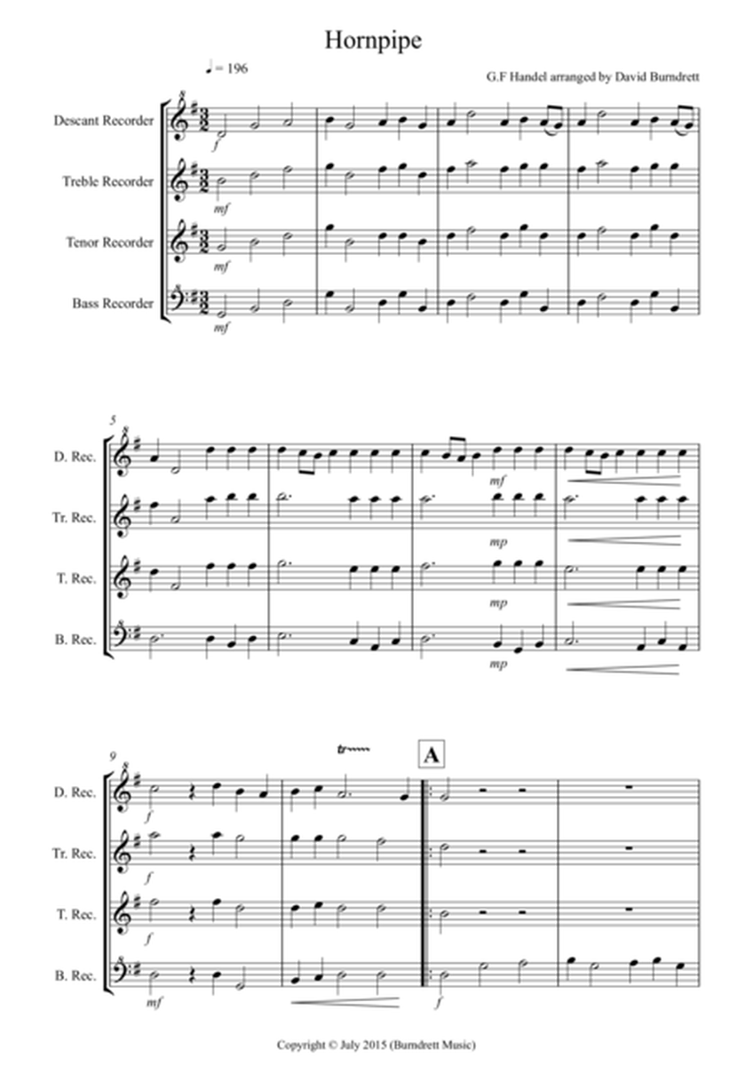 Hornpipe from Handel's Water Music for Recorder Quartet image number null