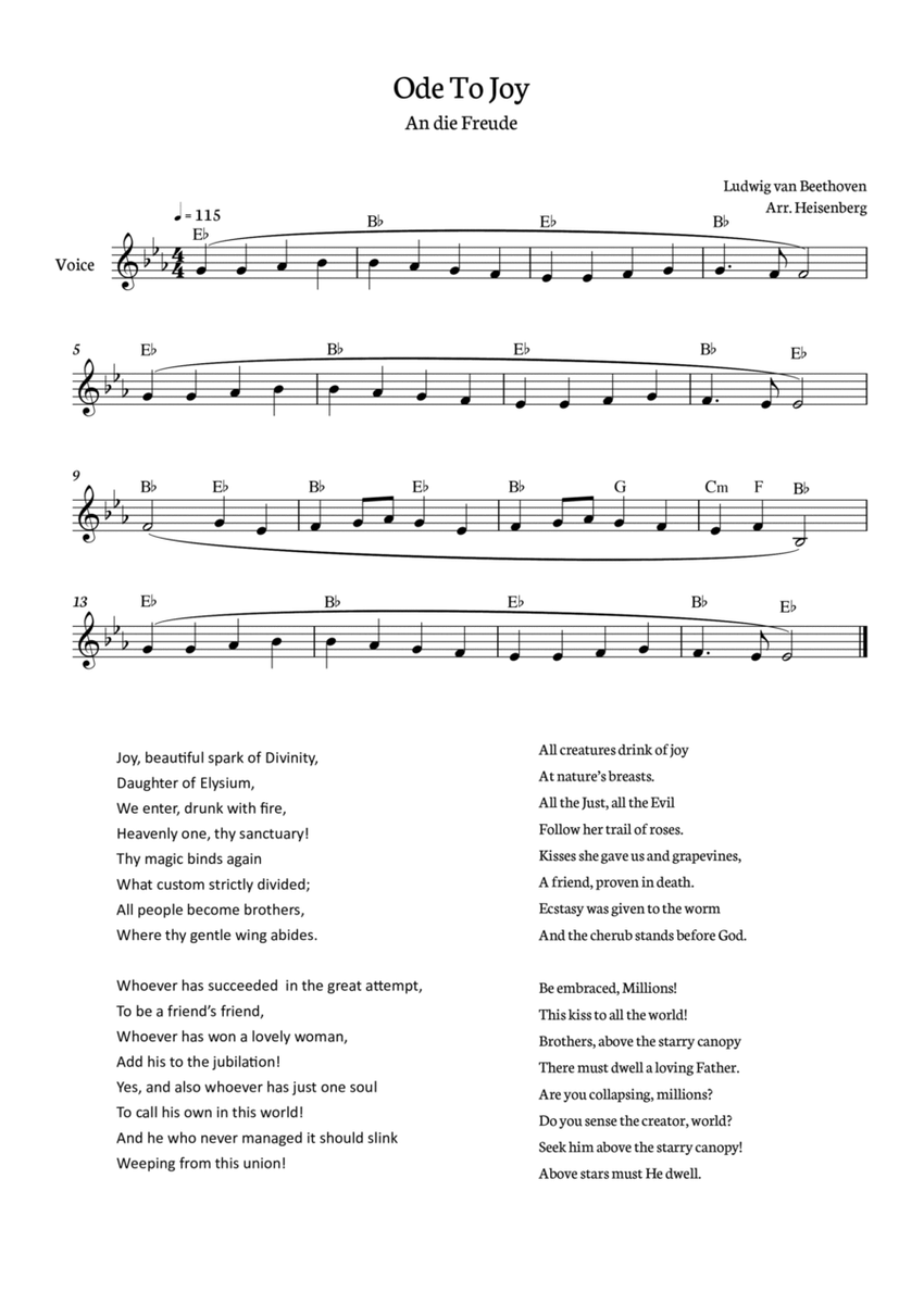 Beethoven - Ode To Joy for voice with chords in Eb (Lyrics in English) image number null
