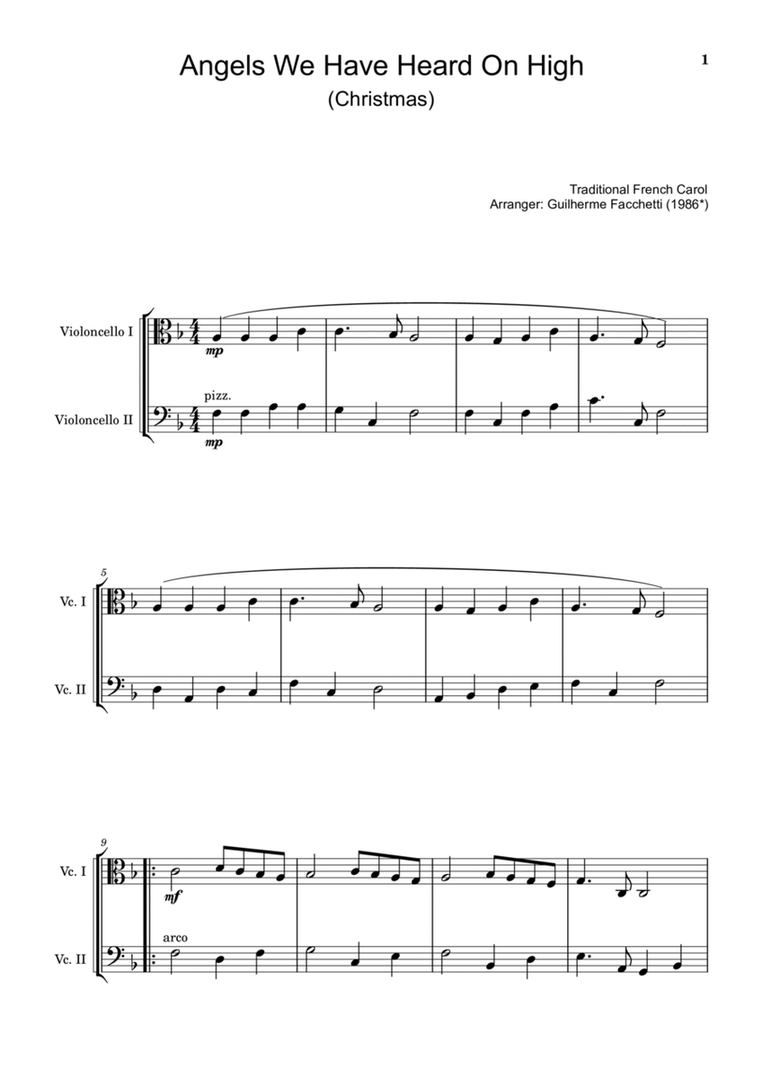 Traditional French Carol - Angels We Have Heard on High. Arrangement for Cello Duet image number null