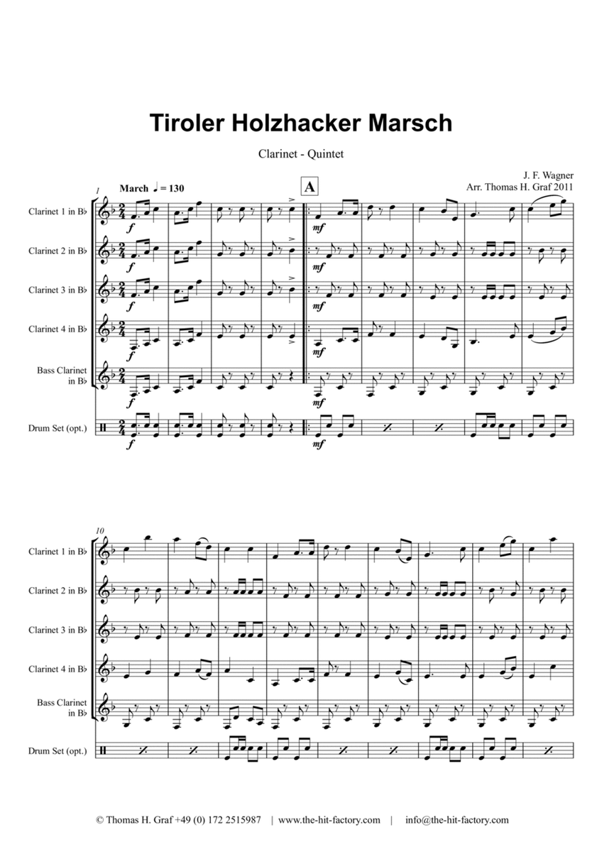 Tiroler Holzhacker Marsch - German Polka March Octoberfest - Clarinet Quintet by Joseph Franz Wagner Clarinet Quintet - Digital Sheet Music