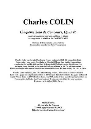 Book cover for Charles Colin: Cinquième Solo de Concours, Opus 45 arranged for Bb soprano or tenor saxophone and pi