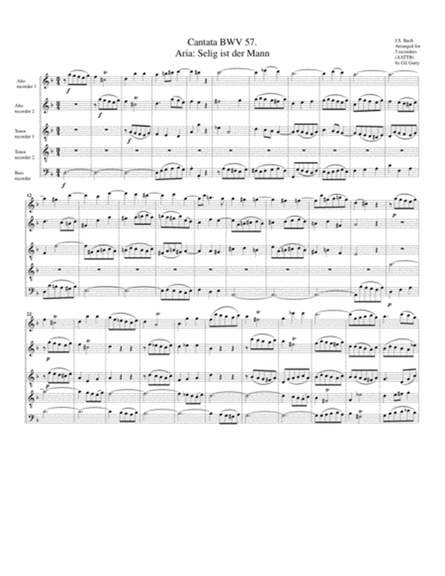 Aria: Selig ist der Mann from Cantata BWV 57 (arrangement for 5 recorders)