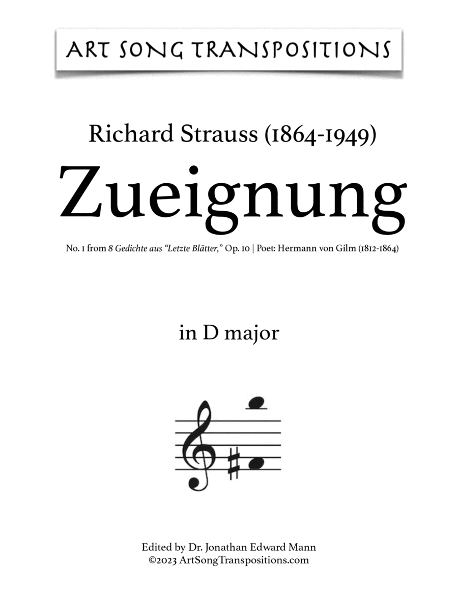 STRAUSS: Zueignung, Op. 10 no. 1 (transposed to D major, D-flat major, and C major)