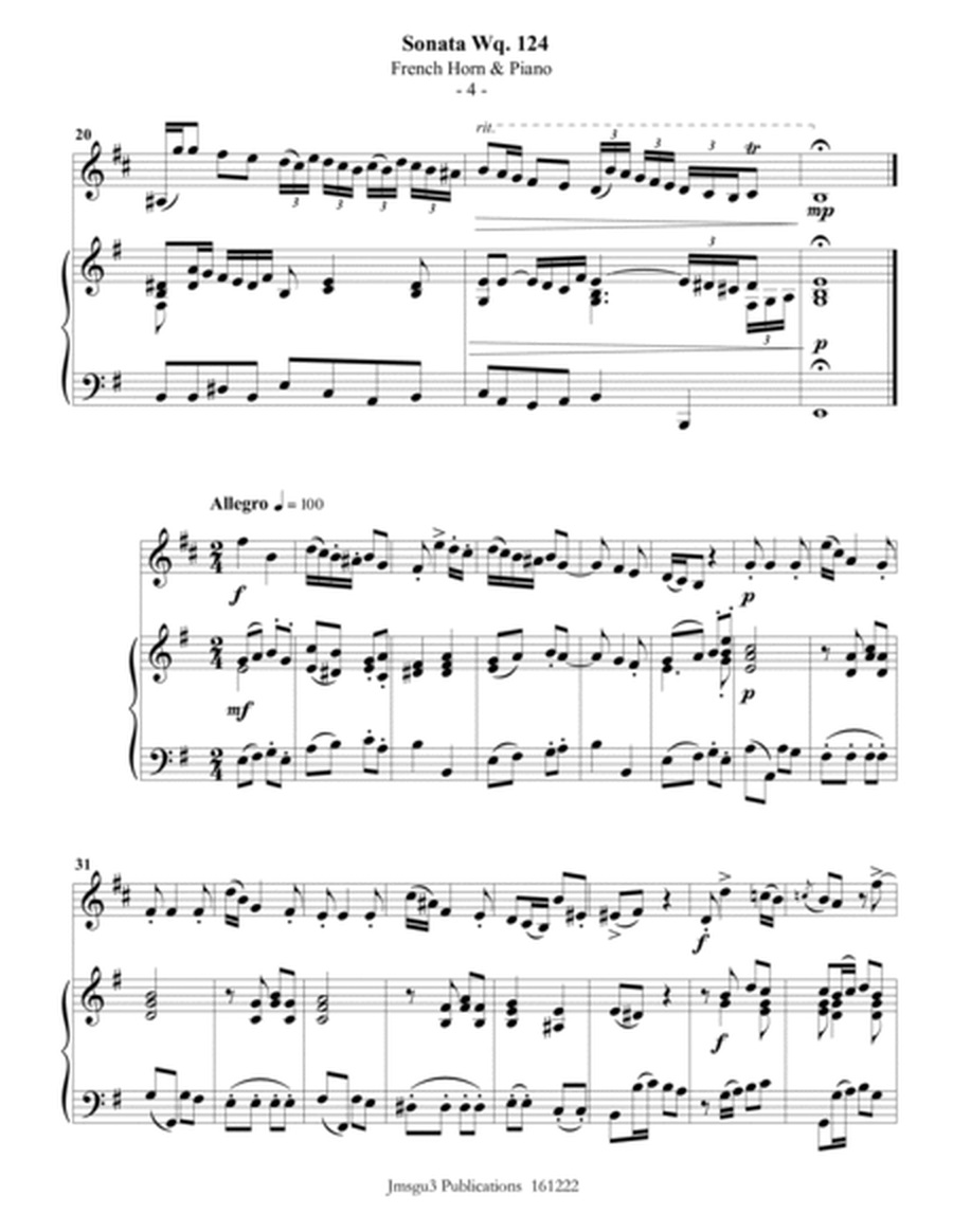 CPE BACH: Sonata in E Minor WQ124 for French Horn & Piano image number null