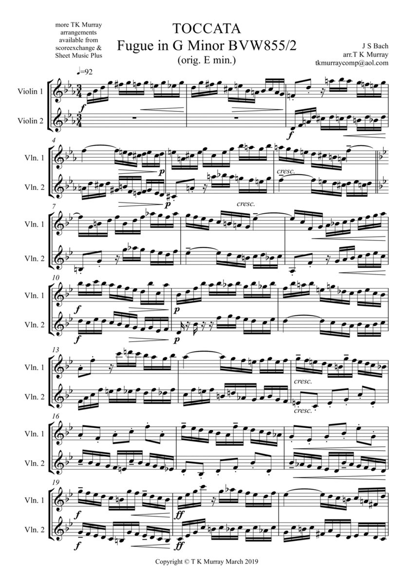 Bach - Toccata - Fugue in E Minor BWV855 - 2 Violins, Violin Duo image number null