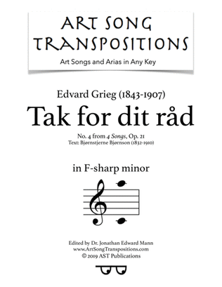Book cover for GRIEG: Tak for dit råd, Op. 21 no. 4 (transposed to F-sharp minor)