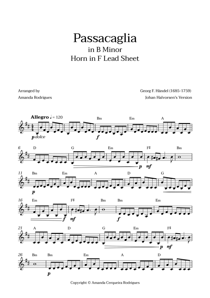 Passacaglia - Easy Horn in F Lead Sheet in Bm Minor (Johan Halvorsen's Version) image number null