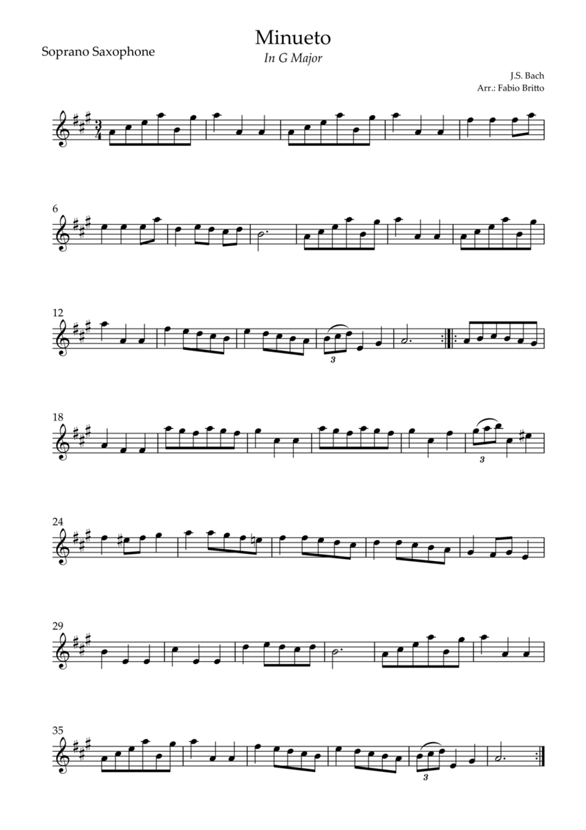 Minueto in G Major ( J.S. Bach) for Soprano Saxophone Solo