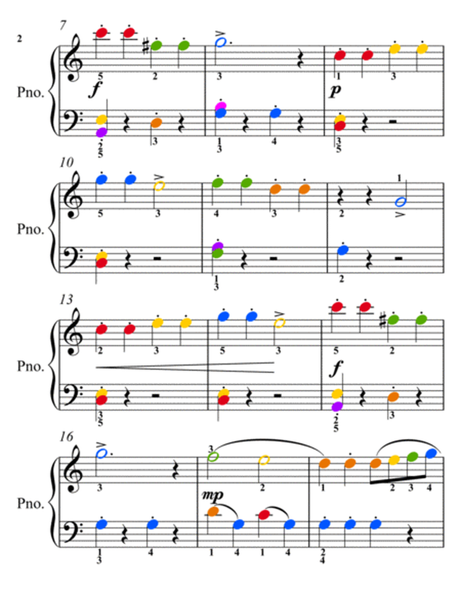 Surprise Symphony Easy Elementary Piano Sheet Music with Colored Notation